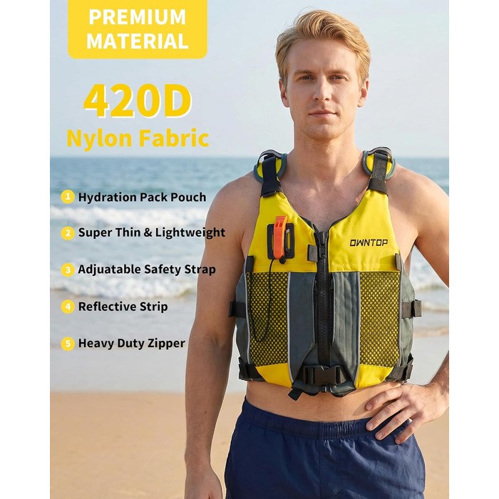 Рятувальний жилет Owntop для дорослих та юнаків з пискликом та рюкзаком для води | Легка унісекс куртка для SUP, каякінгу, риболовлі та інших водних видів спорту (XXS, жовтий)