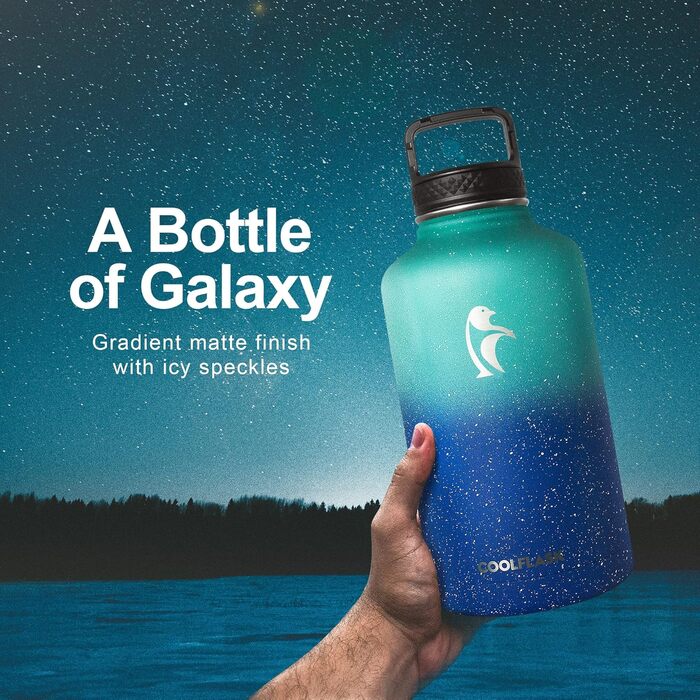 Термос Coolflask 2L із нержавіючої сталі з трубочкою, три кришки, вакуумна ізоляція, спортивна пляшка для води, для подорожей, синій градієнт
