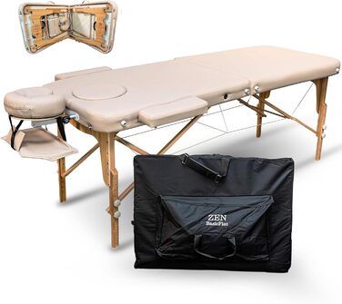 Масажний стіл Zen Basic III: складаний, мобільний, з дерева, регульована висота, для тату та косметології, з підголовником та підлокітниками (кремовий)