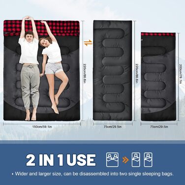 Спальний мішок для двох дорослих, ковдровий, водонепроникний, фліс, 220x150 см, чорний, з сумкою для зберігання