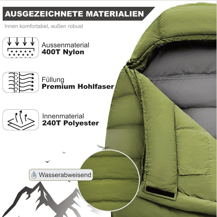 Спальний мішок Mumienschlafsack Norskskin Ultralight 220 Grün (-6°C) екстремальний, з'єднуваний, з відділенням для подушки, лівосторонній блискавка