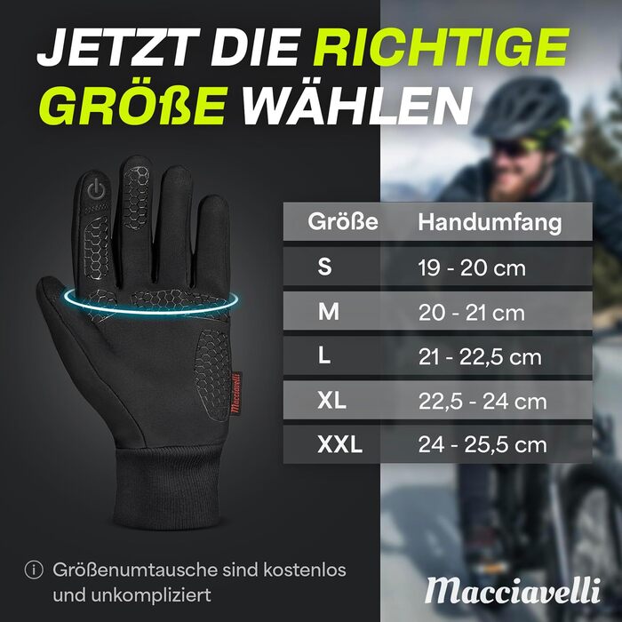 Велосипедні рукавички MACCIAVELLI® для чоловіків та жінок - зимові, 2-в-1 комплект з підкладками, сенсорні, для їзди на велосипеді/MTB/бігу, чорні, розмір L
