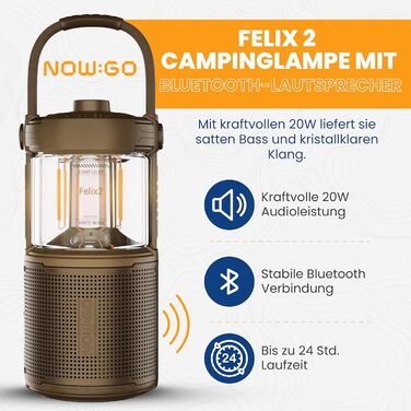 Ліхтар кемпінговий LED Felix 2 з Bluetooth колонкою, водонепроникний IPX7, 24 год роботи, USB зарядка, 20W, коричневий
