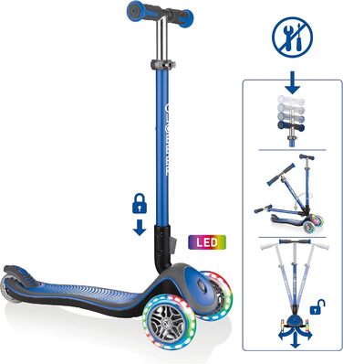 Дитячий самокат GLOBBER Elite, 3 колеса, LED, регульований, для дітей від 3 років, колеса 120/80 мм, підшипники ABEC 5