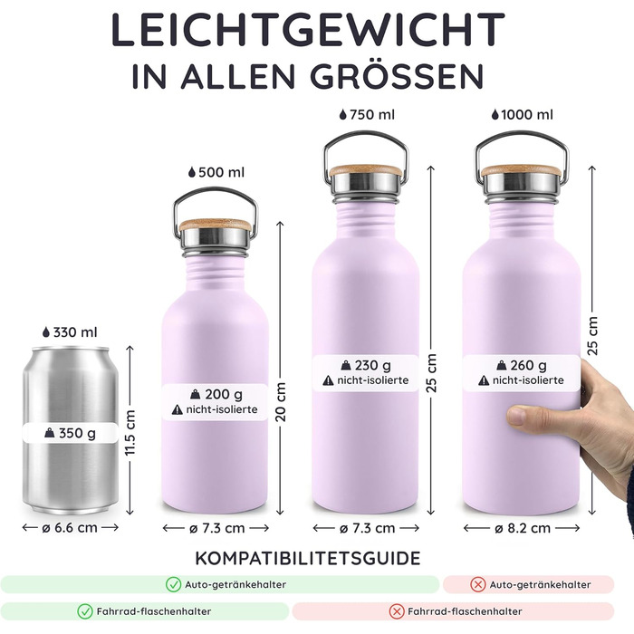 Водяна пляшка Bambaw з нержавіючої сталі 1л | Багаторазова еко-пляшка | Для кемпінгу та походів | Без пластику | Спортивна пляшка, не протікає (500 мл, фіолетовий)