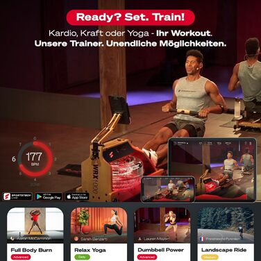 Sportstech WRX1000 OAK Преміум Гребний тренажер Water Rower для дому: з LED-дисплеєм, складною конструкцією, додатком для тренувань та тримачем для планшета. Масивне дерево.
