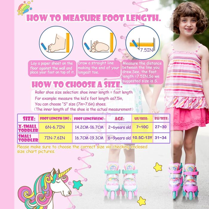 Дитячі ролики Kinder Einhorn для дівчаток, 3-6 років, з підсвічуванням, регульовані, 4 колеса, для початківців, рожеві