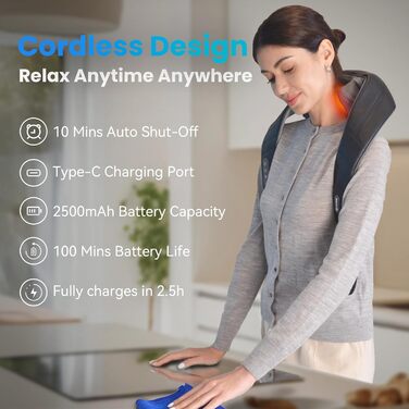 Бездротовий масажер Comfier 4D Шиацу для шиї та плечей з підігрівом і вібрацією, електрична подушка для масажу спини, для дому та авто, подарунок