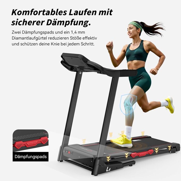 Біговий тренажер L3 для дому, складаний, з тихою амортизацією, Bluetooth, сумісний з Kinomap & Zwift, 4PS, до 20 км/год, кут нахилу 18%, розмір бігового полотна 1340x480 мм, до 120 кг