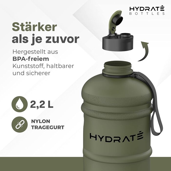 Фляга для води HYDRATE XL 2.2 л - для спортзалу, спорту та подорожей, без BPA, міцна, об'єм 2188 мл (Матовий камуфляж)