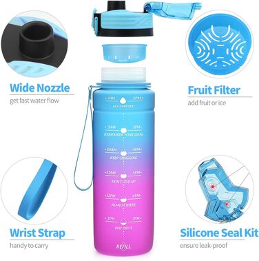 Дитяча спортивна пляшка для води 500 мл блакитно-лілова з мітками часу, Tritan, BPA Free, без витоку, для школи та спортзалу