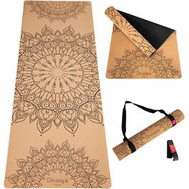 Йога мат Premium Kork: з натурального каучуку та корку | 100% натуральний та екологічний | 183 x 66 x 0,4 см | з чохлом для перенесення | антиковзаюча | без шкідливих речовин | без TPE | міцний та довговічний | дизайн Мандала