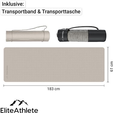 Килимок для йоги EliteAthlete - спортивний, фітнес, гімнастичний з антиковзаючим покриттям. Розмір 183x61x0.6 см. В комплекті: сумка та ремінь для перенесення. Колір: світло-капучино/слонова кістка