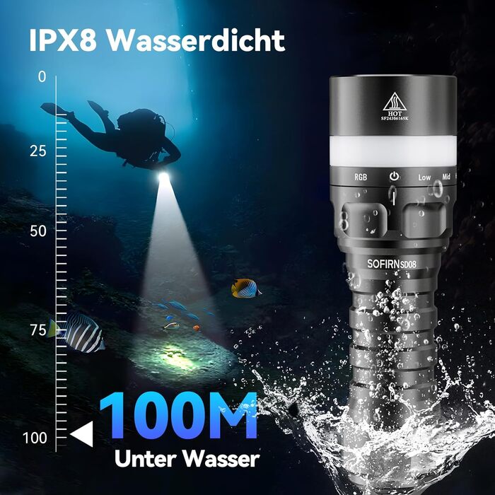 Sofirn SD08 водонепроникний ліхтар-підводний світильник LED, 3200 люмен, з LED-індикатором позиції, 4 режими, IPX8, для дайвінгу, підводної фотографії та повсякденного використання