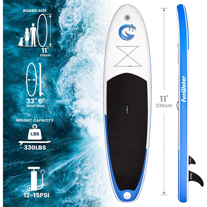 Надувна SUP-дошка FunWater з регульованим веслом, насосом, антиковзким EVA покриттям, страховочним шнуром і сидінням для дорослих SMILE