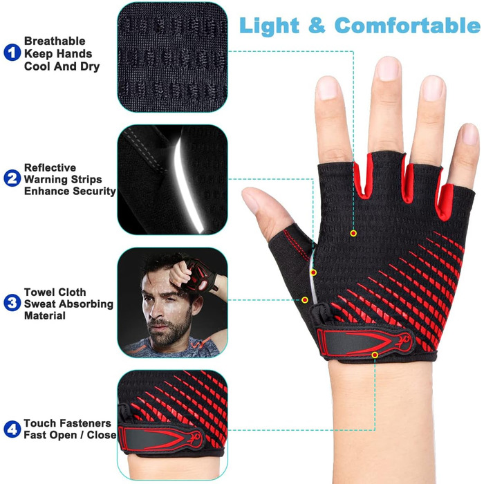 Рукавички для велосипеда MTB з короткими пальцями, дихаючі, неслизькі, амортизуючі, червоні для чоловіків та жінок