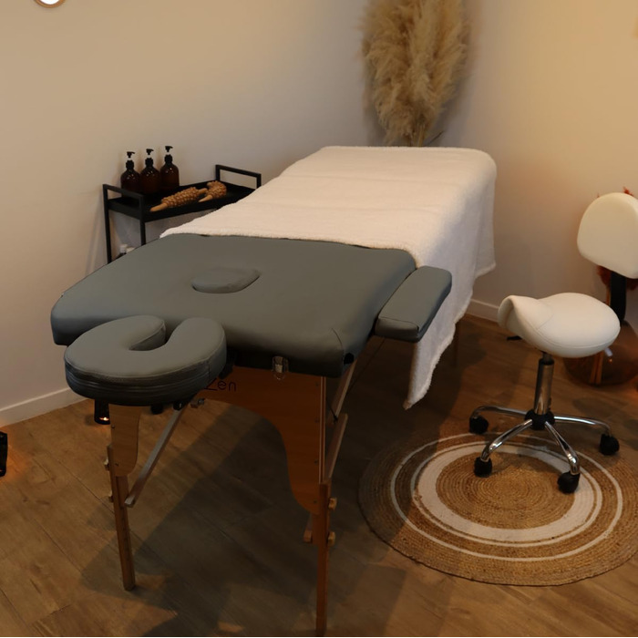 Складаний масажний стіл Vivezen з 2 зонами, дерев'яний з Reiki-панеллю, аксесуари та сумка (сірий)