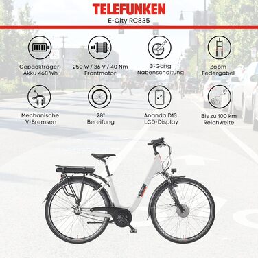 Електровелосипед TELEFUNKEN RC835 для міста, 28 дюймів, 250 Вт, 468 Вт·год, 3-швидкісна втулка, для жінок і чоловіків, до 100 км, з допуском до дороги