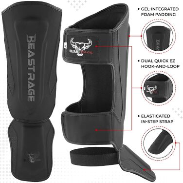 Шкіряні щитки для ніг Beast Rage для кікбоксингу, муай-тай, ММА, боксу, карате, тхеквондо та БЖЖ, з захистом зап'ястя, чорного кольору