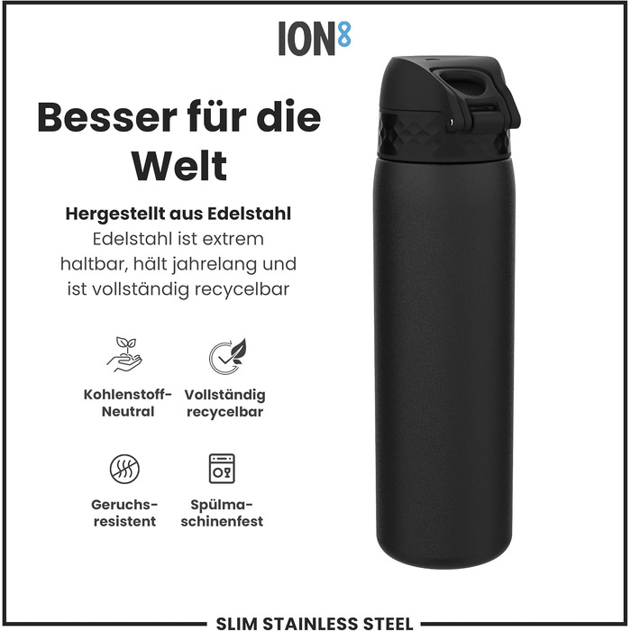 Сталева пляшка для води ION8 Evo Steel, 600 мл, герметична, з одним натисканням та замком, чорна