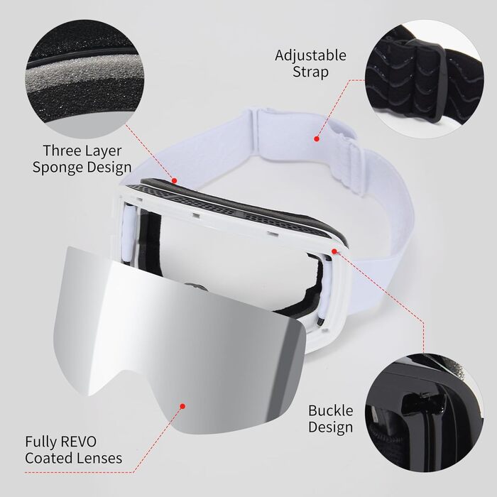 Скі-маска для дорослих (чоловіків та жінок) YH227, сноуборд маска для носіння з окулярами, Anti Fog OTG, захист від сонця UV, антиковзне наголов'я, повне REVO-дизайн, білий/сріблястий, VLT 13%