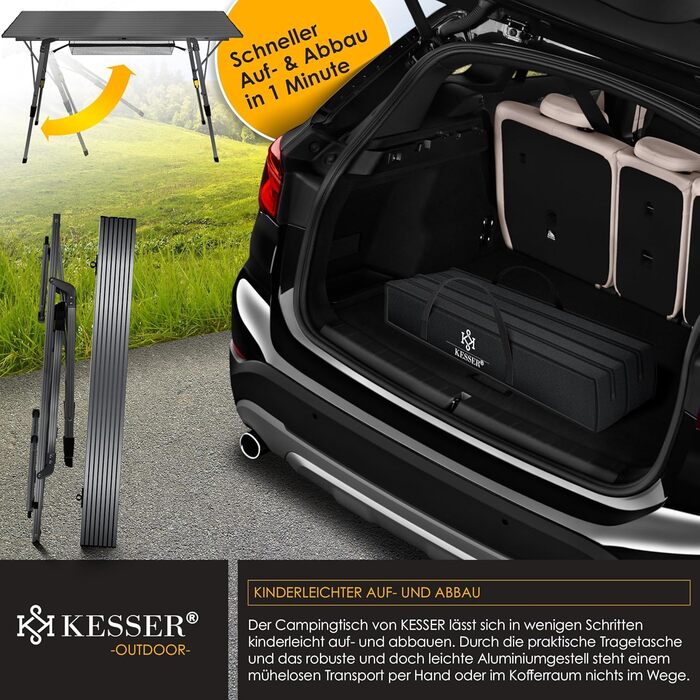 Складний кемпінговий стіл KESSER® 120x70 см, алюмінієвий каркас, антрацит. З сумкою для транспортування