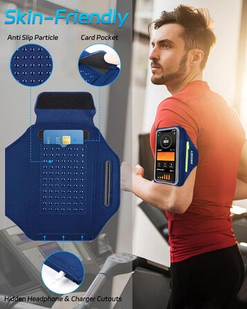Спортивна сумка для телефону на руку Razobws з відділенням для навушників, підходить для iPhone 17 16 15 14 13 12 11 Pro Max, Galaxy S24 S23 Ultra, чорний/морський блакитний (до 6.8 дюймів)