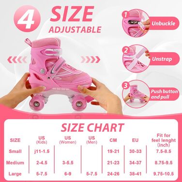 Дитячі ролики Kinder Quad для дівчаток та хлопчиків, 4 розміри, регульовані, для занять в приміщенні та на вулиці (M (34-37), Рожеві)