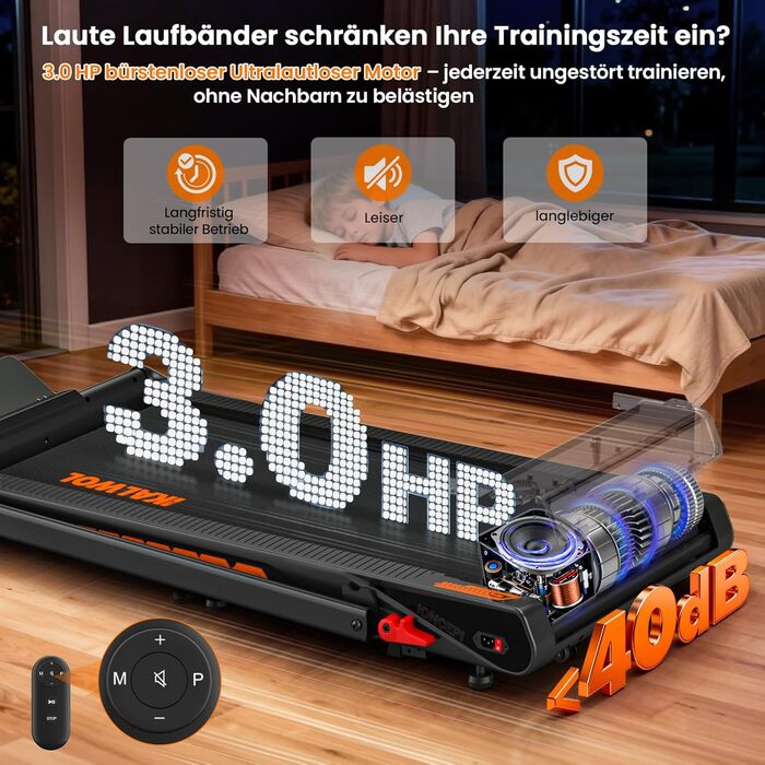 Бігова доріжка для дому з Bluetooth, 6 в 1, 12 км/год, з нахилом 10%, 3.0 к.с., LED-дисплей, 160 кг, чорно-помаранчева