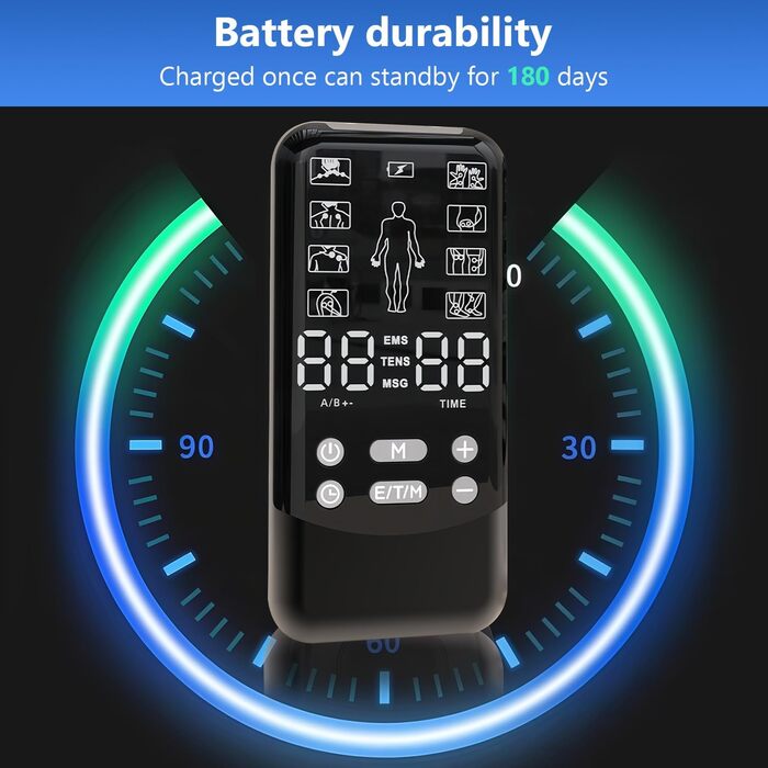 EMS TENS пристрій для терапії болю, 3-в-1 масажер, апарат електростимуляції для зняття болю. 24 програми масажу, 2 канали, 8 електродів