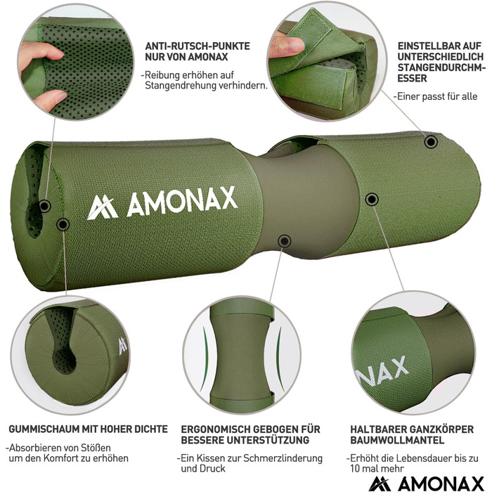 Amonax м'яка накладка на гриф для штанги, товстий захист шиї, барбел пад для присідань, хіп трасту, фітнесу та силових тренувань, зелена
