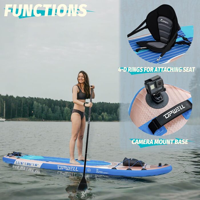 SUP дошка Upwell 350x89 см з сидінням, надувна для дорослих та підлітків, Cypress Blue. Комплект: рюкзак, весло, ліш, насос, плавники.