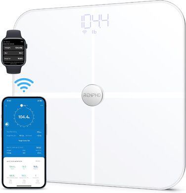 Розумна вага RENPHO WLAN з аналізом складу тіла, Bluetooth, вимірюванням жиру, м'язової маси, ІМТ, води, 13 показників, синхронізація з додатком, 280 мм, біла