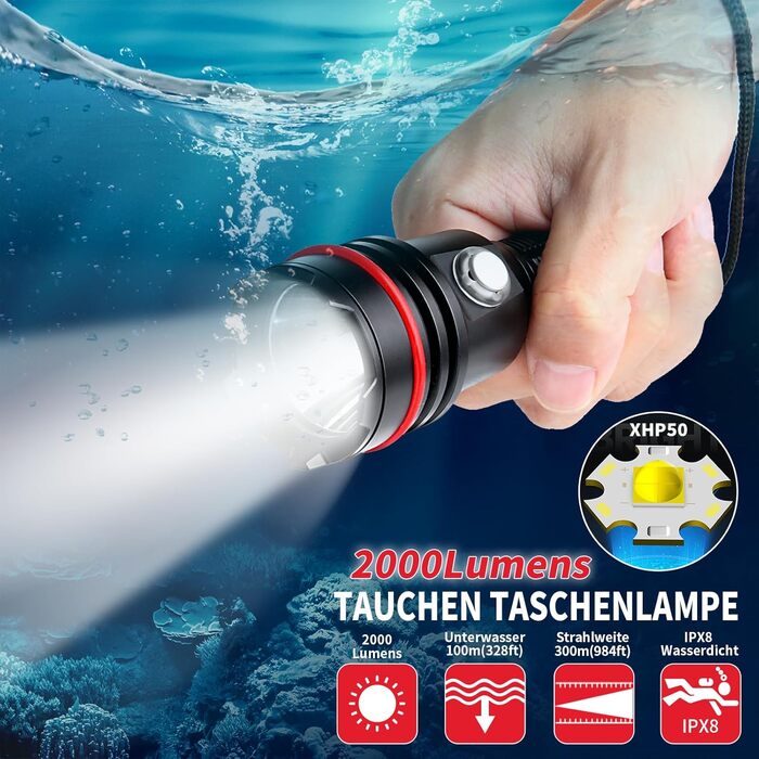 LetonPower SM-14S: Професійна водолазна лампа 2000 люмен, 100м водонепроникність, акумулятор Type-C, для дайвінгу та активного відпочинку