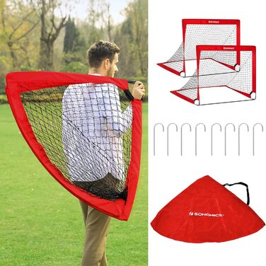 Ворота для футболу SONGMICS для дітей, 2 шт., Pop-up, 90x120x90 см, швидкий монтаж, для саду, парку, пляжу, стійки з скловолокна, Oxford-тканина та поліестерна сітка (Червоний)