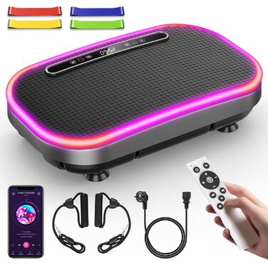 Платформа для вібраційного масажу для схуднення з еластичними стрічками, 9 режимів, 120 рівнів інтенсивності, Bluetooth, LED-дисплей, 150 кг, срібна