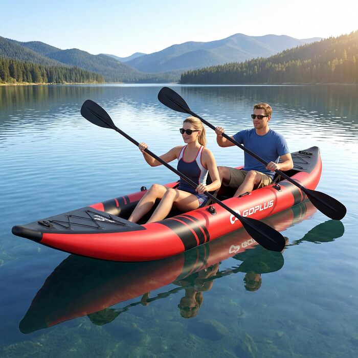Надувний каяк COSTWAY на 2 особи з алюмінієвими веслами, EVA-сидінням, насосом та ремкомплектом, червоний