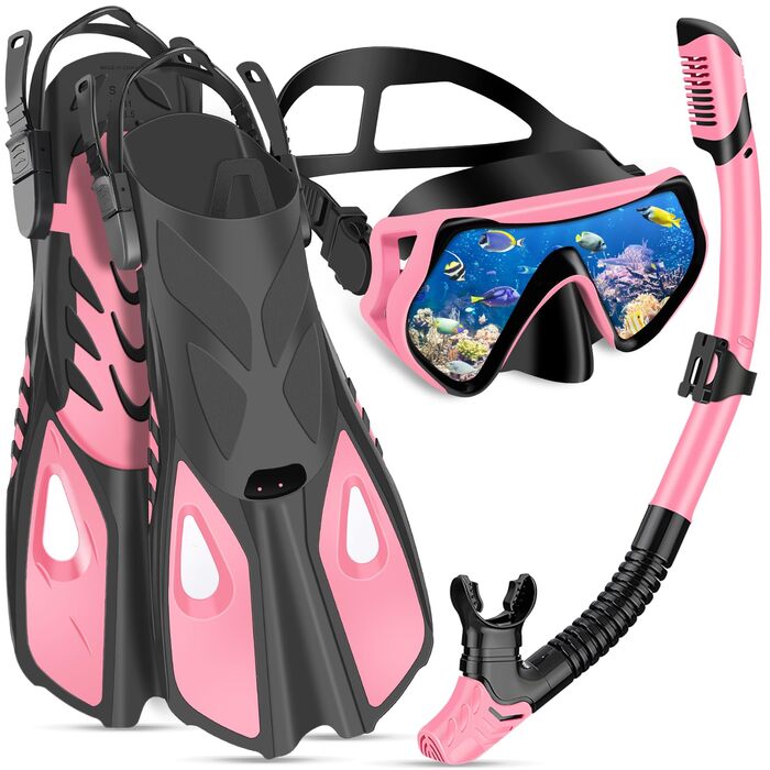 Набір для снорклінгу для дорослих з маскою та ластами, антизапітніюча маска, лінза 180° панорама, регульовані ласти, сумка для снорклінгу та дайвінгу, рожевий, S/M