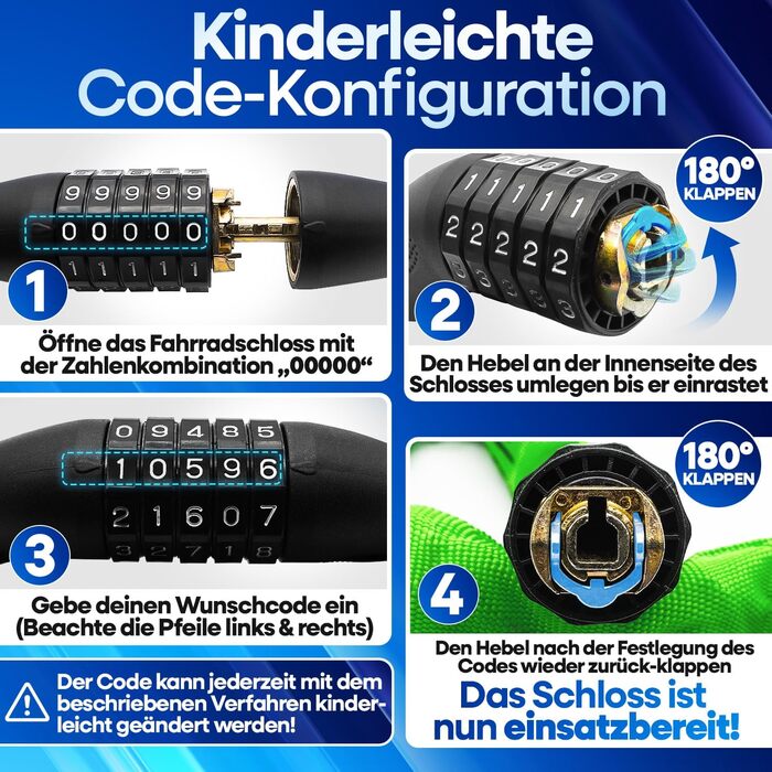 NEXTCOVER® Замки для велосипедів LockPro з кодовим замком - Оригінал - [SAFESECURE] Високий рівень безпеки | 5-значний код, сталевий замок для велосипеда | Замок для електровелосипеда, ланцюговий замок (Зелений)