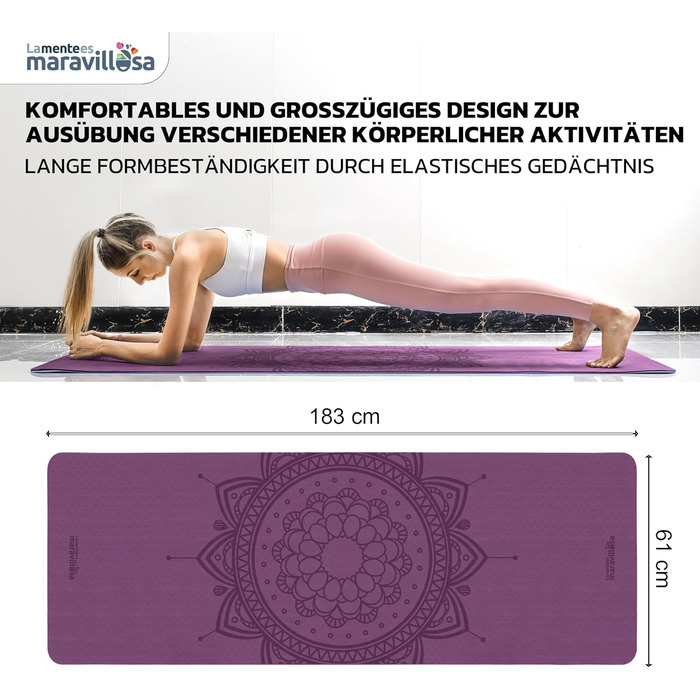 Килимок для гімнастики та йоги з неслизькою поверхнею, з чохлом та E-book, 183x61 см, Мандала фіолетовий