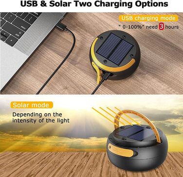 Сонячна кемпінгова лампа LED з акумулятором, 2 способи заряджання (Сонячна/USB), 3 режими світла, включає браслет для виживання з свистком (Жовтий)