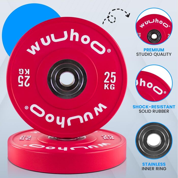 wuuhoo® Pro Competition Bumper Plates Zane – Професійні бамперні диски 50 мм для важкої атлетики, вулканізована сталева втулка, преміум-якість