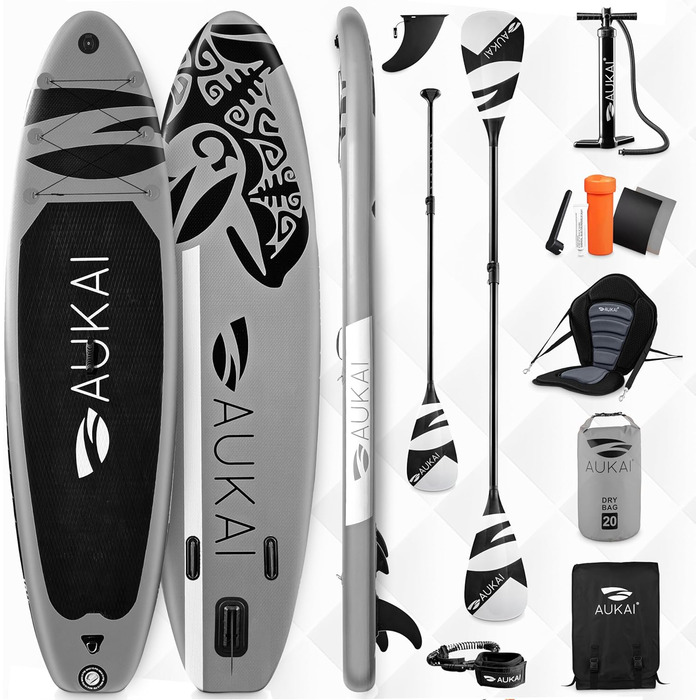 Надувна SUP дошка AUKAI PRO 320см | 2-в-1 з сидінням для каяка | 5 років гарантії | Комплект: сидіння, кріплення для Action-Cam, фіксатор для ніг, насос, рюкзак | Колір: океанічний блакитний/сірий