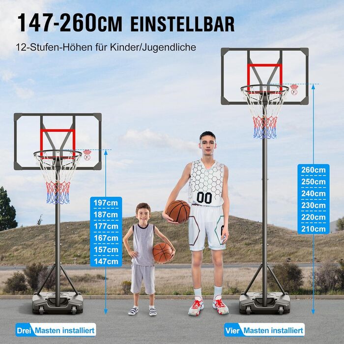 Баскетбольний кошик вуличний з підставкою, регульована висота 147-260 см, міцна задня панель 82x53 см, розширений майданчик на колесах, чорний