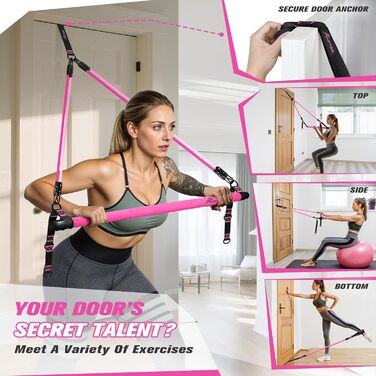 Набір для пілатесу HPYGN з 4 еластичними стрічками, регульоване обладнання для пілатесу для жінок та чоловіків, багатофункціональний набір для фітнесу, стрічки для стегон, ніг, рук, домашній спортзал, йога, силові тренування, розтяжка, рожевий