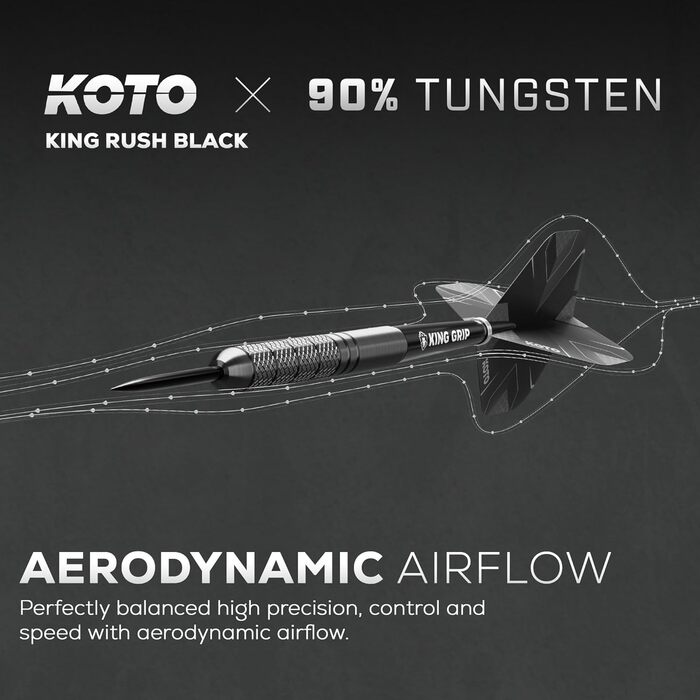 Дротики KOTO King Rush Black 90% вольфраму, чорні, комплект з 3 дротиків, 2 набори оперень і стержнів, чохол, з рифленою поверхнею