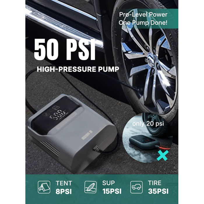Електрична повітряна помпа для SUP, матраців та шин, 50 PSI, з DC-кабелем, автоматичне вимкнення, 12V