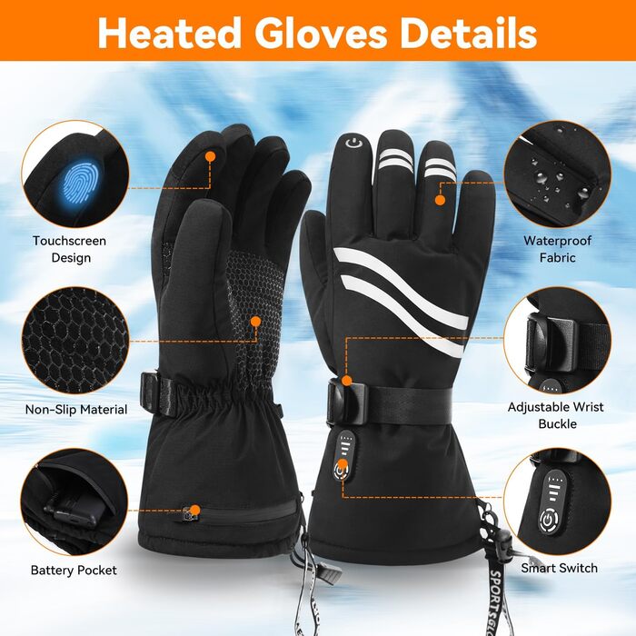 Електричні гріючі рукавички для чоловіків та жінок, з акумулятором 2600mAh, 3 режими нагріву, водонепроникні, чорні