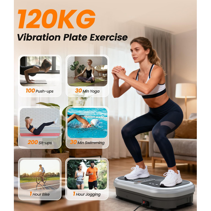 Вібраційна платформа 200W для фітнесу з пультом дистанційного керування, 120 рівнів, ультразвук та гумові ніжки – для домашніх тренувань, підтяжки м'язів та регенерації, ідеально для жінок та людей похилого віку, сріблястого кольору