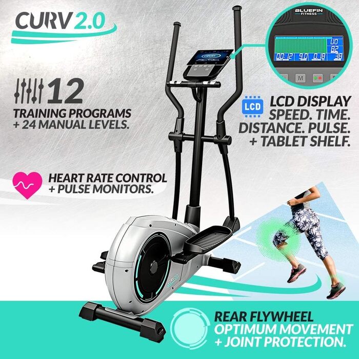 Еліптичний тренажер Bluefin Fitness CURV 2.0 для дому, крос-тренажер, компактний степпер з LCD-дисплеєм, Bluetooth, додатком для смартфона, чорний та сірий